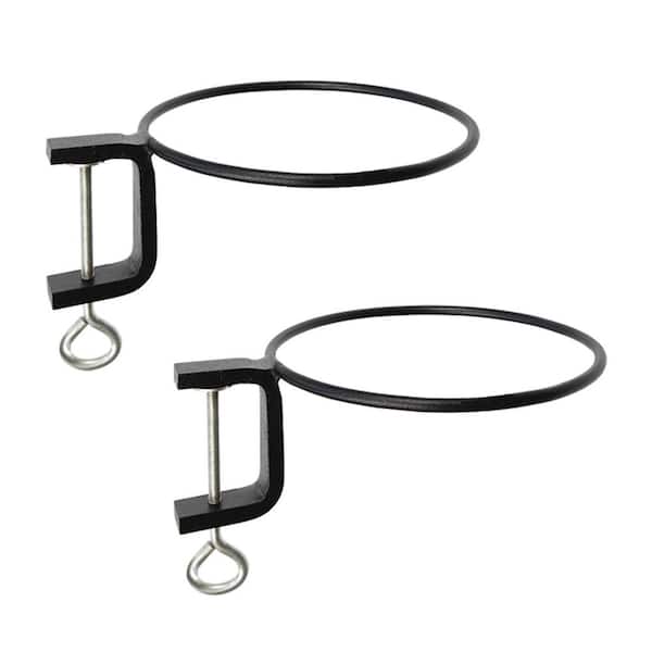 Set of 2 Clamp-On Flower Pot Holder Ring Brackets, 8 Inch Diameter, Black Powder Coat Finish