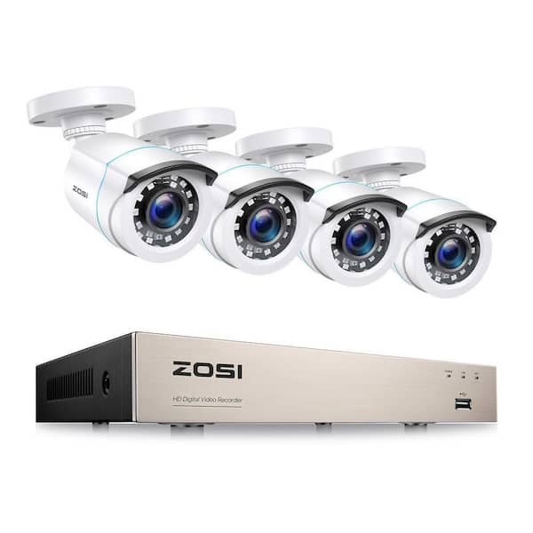 8-Channel H.265+ 2MP DVR Home Security Camera System with 4 1080P Wired Outdoor Bullet Cameras Surveillance System White