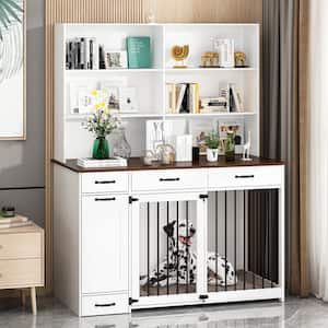 Large Dog Crate Storage Cabinet, Wooden Heavy Duty Dog Crate Kennel with Shelf and 3-Drawers and Drawer Dog Bowl, White