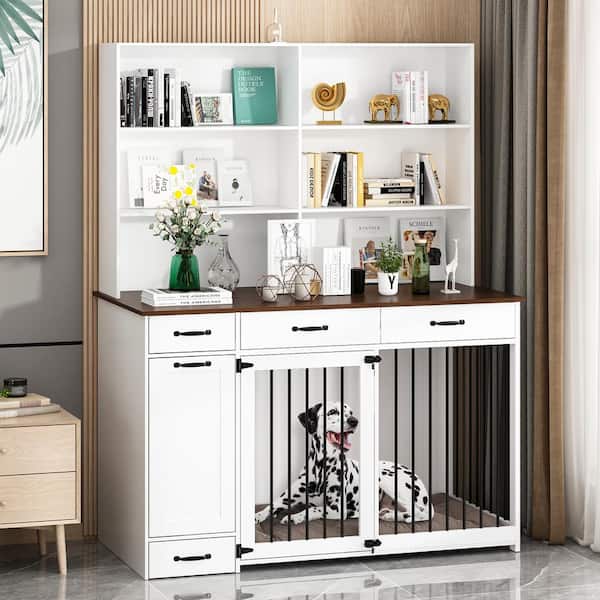 FUFU&GAGA Large Dog Crate Storage Cabinet, Wooden Heavy Duty Dog Crate Kennel with Shelf and 3-Drawers and Drawer Dog Bowl, White