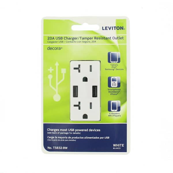 Leviton T5833-HGG Gray Combination Duplex Hospital Grade Receptacle A-C USB Charger 20A125V