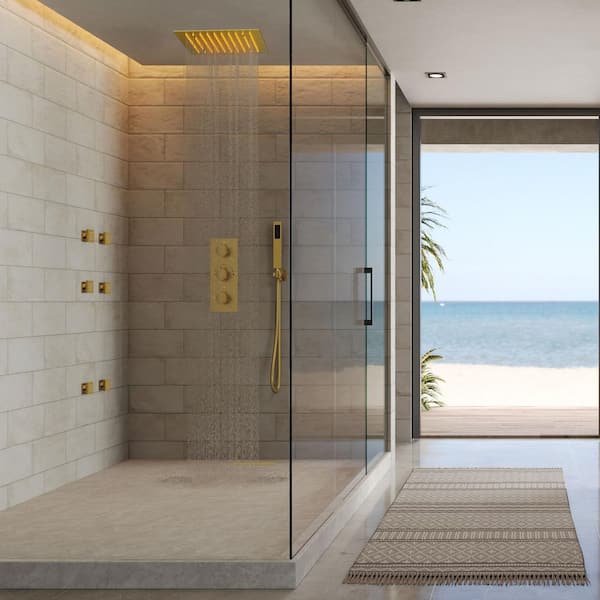 Full Spectrum LED 12 in. Triple Handle 5-Spray Ceiling Mount Shower Faucet 2.5 GPM with Body Spray in Brushed Gold