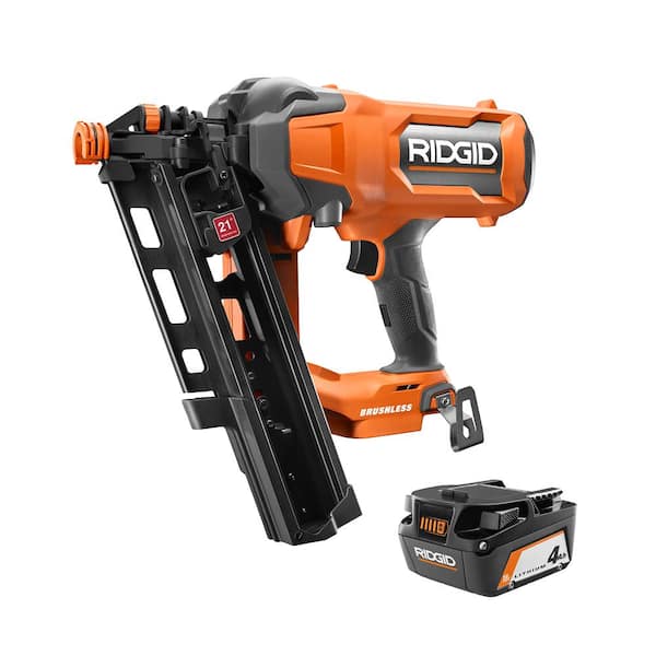 RIDGID 18V Lithium-Ion Brushless Cordless 21° 3-1/2 in. Framing Nailer with 18V Lithium-Ion 4.0 Ah Battery