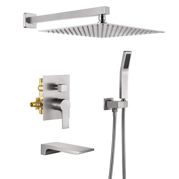 AIMADI Single Handle 1-Spray Wall Mount Tub and Shower Faucet 1.8 GPM 12 in. Shower Trim Kit in Brushed Nickel Valve Included