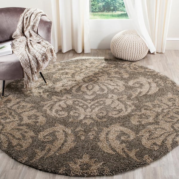 Florida Shag Smoke/Beige 7 ft. x 7 ft. Round Medallion Floral Area Rug