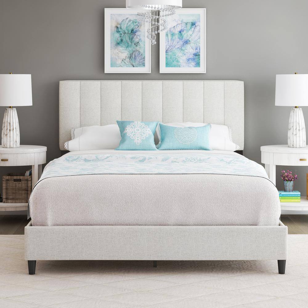 Leah Off White Linen Full Size Fully Upholstered Platform Bed Frame with Ad
