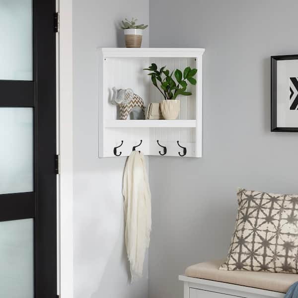 Home Decorators Collection 24 in. H x 24 in. W x 13.4 in. D White Shiplap Floating Decorative Cubby Corner Wall Shelf with Hooks