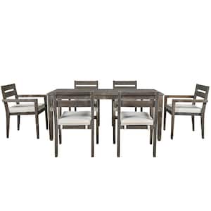 Gray 7-Piece Wood Outdoor Dining Set with Beige Cushions, Outdoor Dining Table and Chairs, Patio Conversation Set