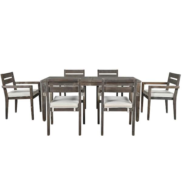 Unbranded Gray 7-Piece Wood Outdoor Dining Set with Beige Cushions, Outdoor Dining Table and Chairs, Patio Conversation Set