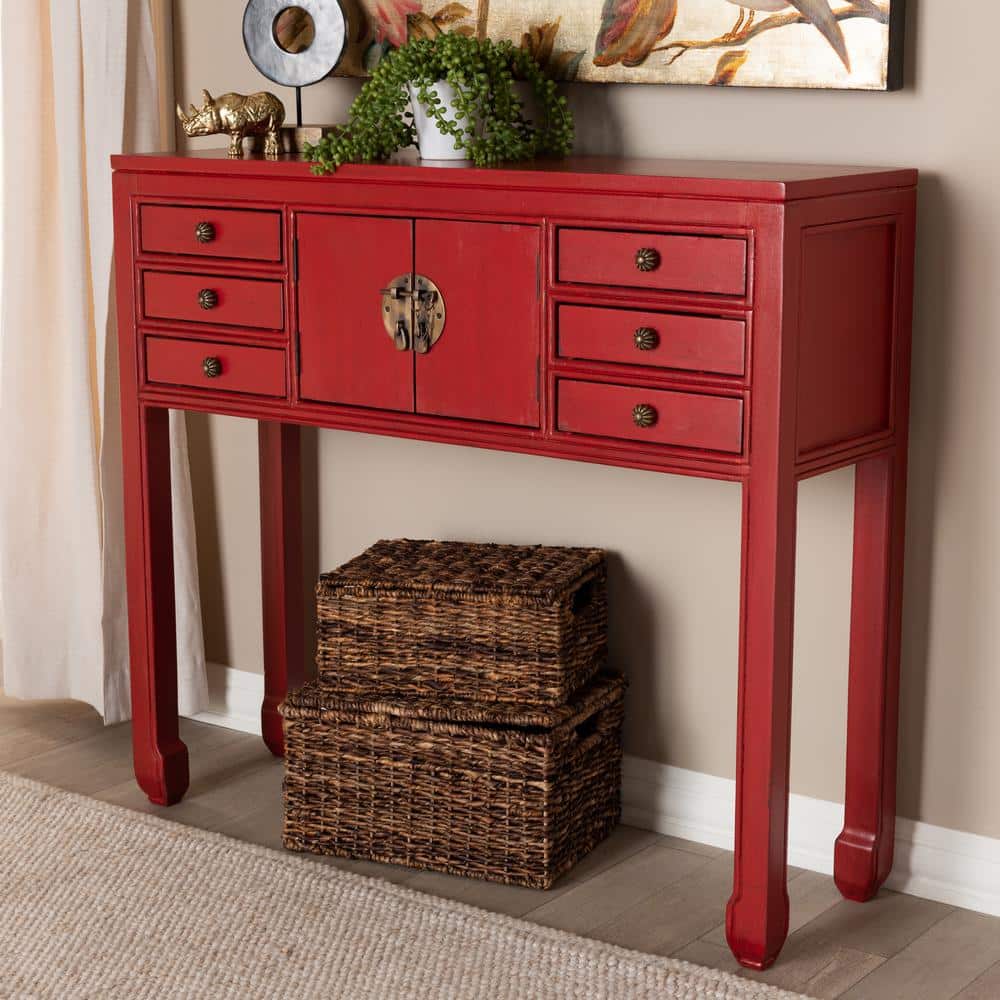 Antique Red Bayur Wood Console Table with Bronze Accents and Storage