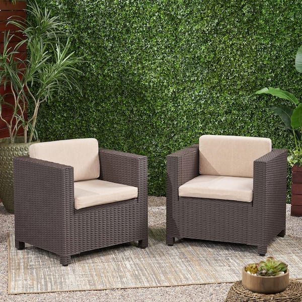 Noble House Waverly Dark Grey Removable Cushions Faux Wicker Outdoor Lounge Chair with Beige Cushions (2-Pack)