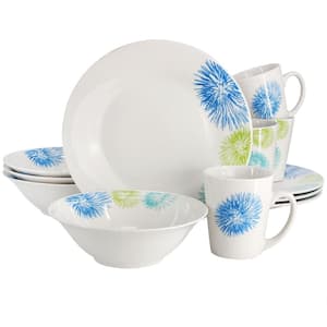 Blue Meadow 12-Piece Fine Ceramic Dinnerware Set in White with Colored Accents