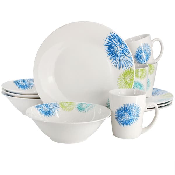 Gibson Home Blue Meadow 12-Piece Fine Ceramic Dinnerware Set in White with Colored Accents