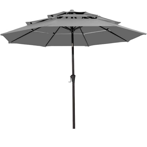 JEAREY 3-Tier 9 ft. Steel Crank Lift Market Patio Umbrella in Gray
