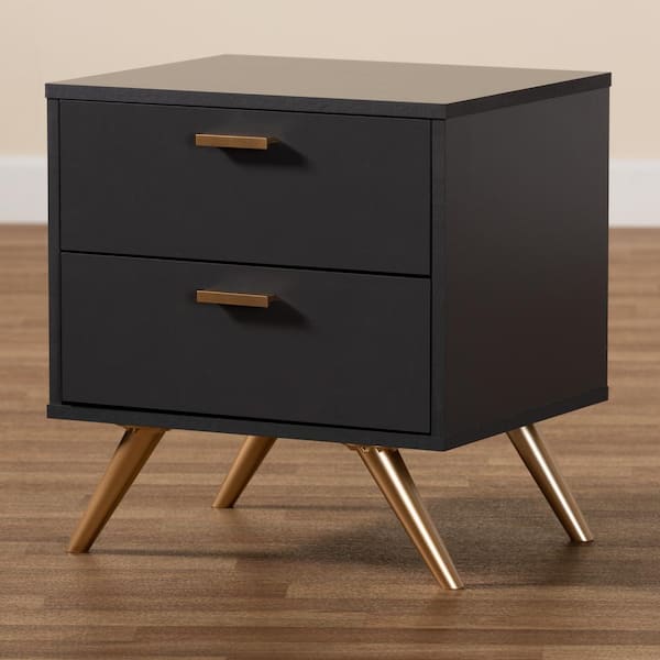 Baxton Studio Kelson 2-Drawer Dark Grey and Gold Nightstand (20.1 in. H x 18.9 in. W x 15.75 in. D)