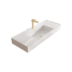 48 in. Rectangular Solid Surface WalL Mount Bathroom Sink with Faucet Hole and Overflow in Glossy White