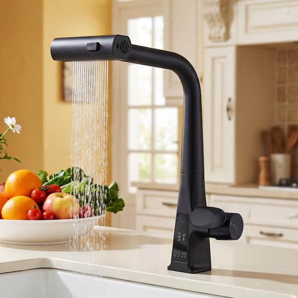 15.75 in. Matte Black Single-handle Waterfall Kitchen Faucet with Temperature Display and 360 °Swivel Spout