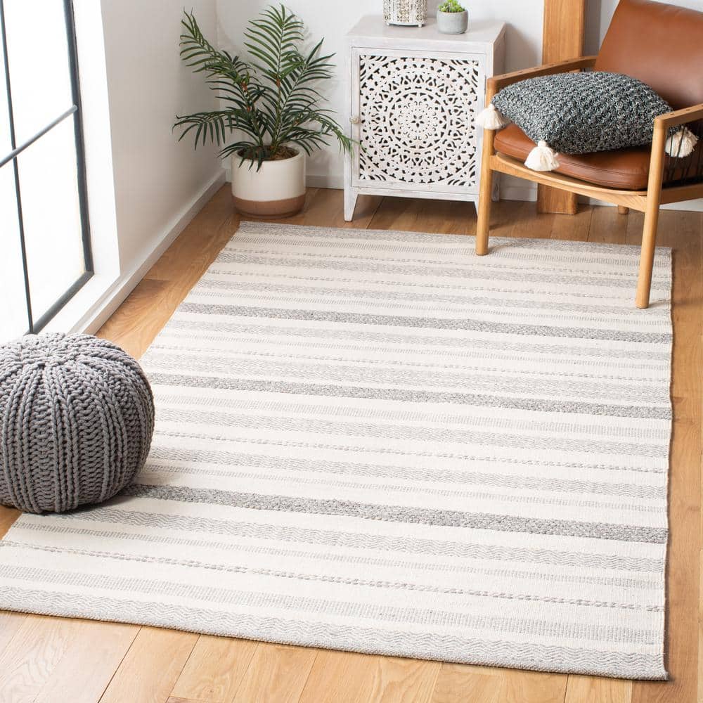 Ivory and Multi-Color Striped Kilim 3'x5' Handwoven Wool-Cotton Rug