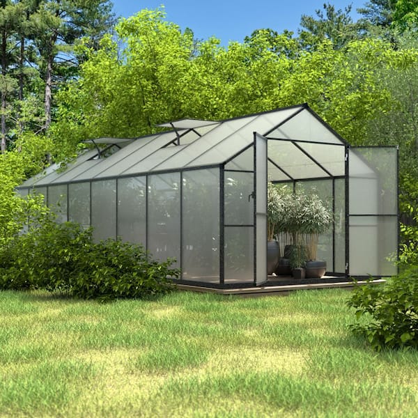 VEIKOUS 8 ft. W x 16 ft. D Polycarbonate Walk-in Greenhouse for Outdoors with 2-Adjustable Roof Vents, Gray