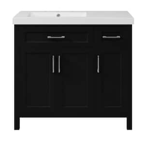 35.83 in. W Single Sink Freestanding Bath Vanity in Black with White Solid Surface Top, 2 Drawers, 3 Doors