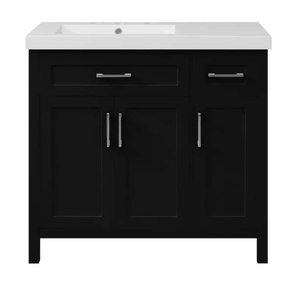 Polibi 35.83 in. W Single Sink Freestanding Bath Vanity in Black with White Solid Surface Top, 2 Drawers, 3 Doors