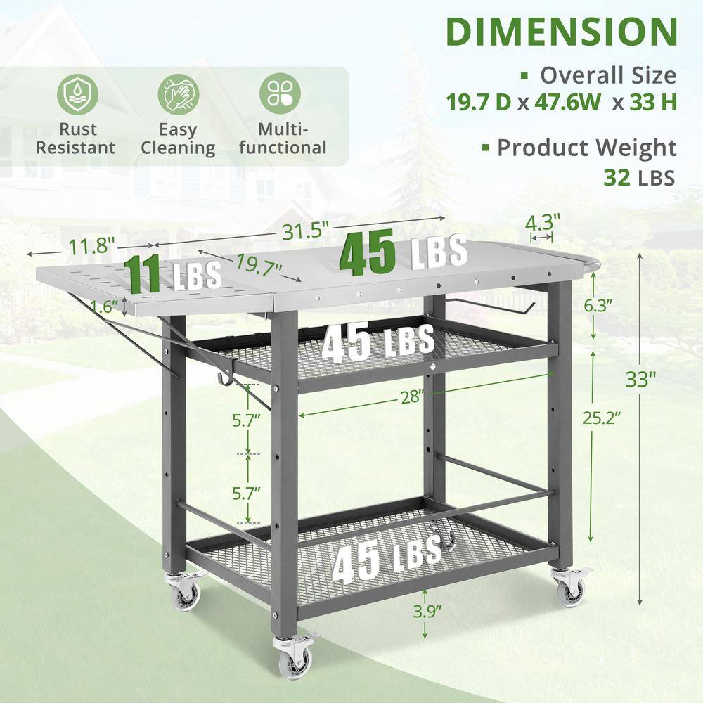 Gray Stainless Steel 3-Tier Foldable Outdoor Grill Cart