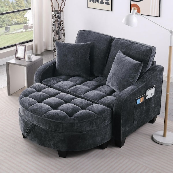 Selena Black Chenille Chaise Lounge Double Sofa with Backrests, Ottoman, Storage Space, Pillows, Side Pockets