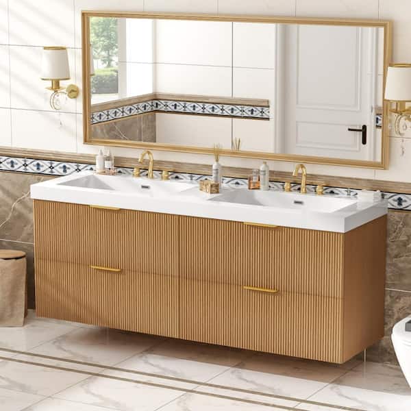 Modern 59.3 in. Double Sink Wall-Mounted Bathroom Vanity with SMC Top, Painted MDF Cabinet , Soft Close Drawers