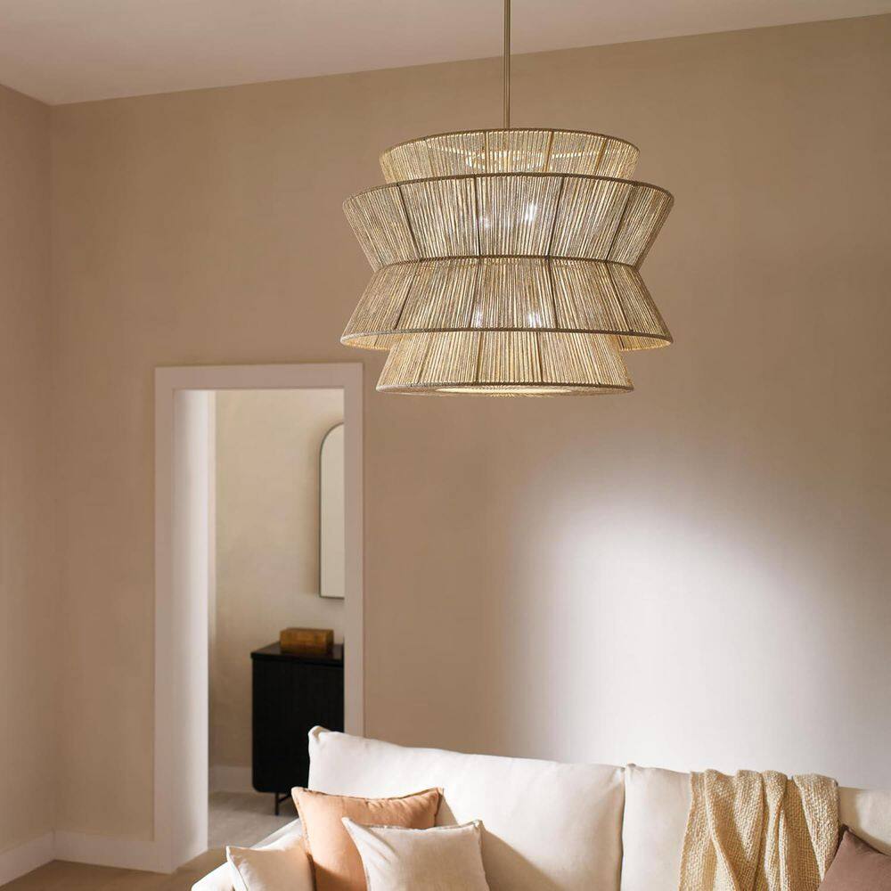 15.75 in. 1-Light Double Layer Rope Woven Pendant Light, Boho Ceiling Light for Living, Dining Room, Sloped Ceiling-Gold price history on PriceWatchPro