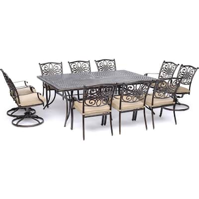 Traditions 11-Piece Aluminum Outdoor Dining Set with 4 Swivel Rockers and Tan Cushions