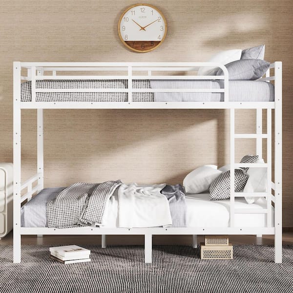 URTR White Full XL Metal Full XL Over Full XL Bunk Bed for
