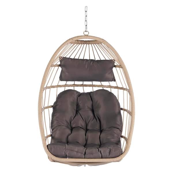 Zeus & Ruta Brown Rattan Wood Porch Swing Outdoor Indoor Garden Rattan Egg Swing Chair Hanging Chair with Dark Gray Cushions