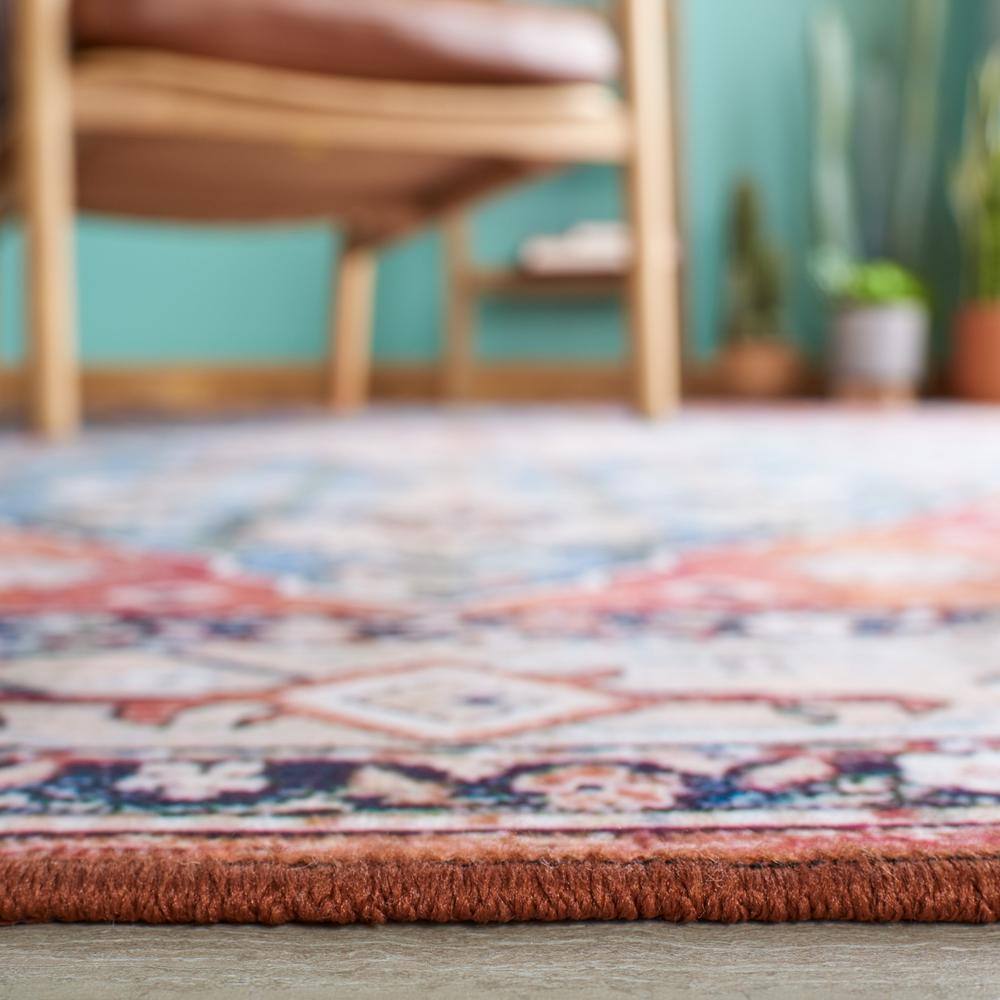 Beige and Blue Rectangular Synthetic Washable Area Rug