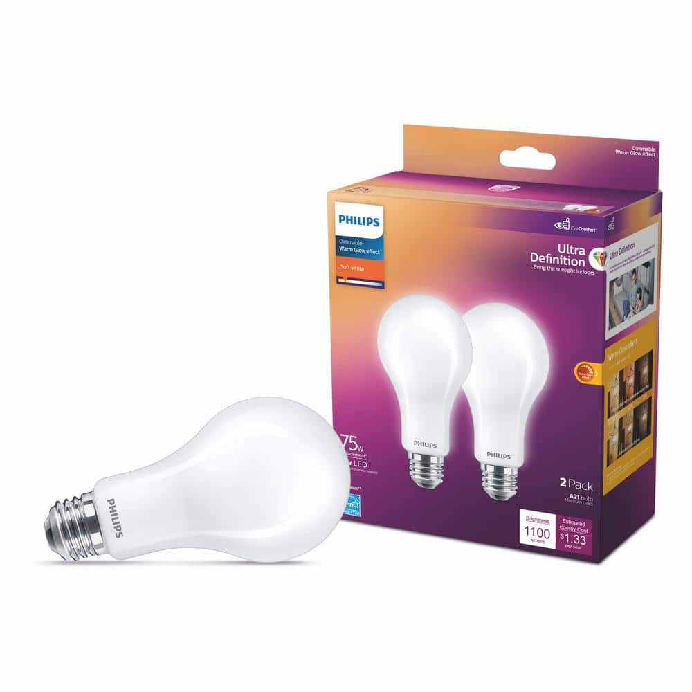 Philips 75-Watt Equivalent A21 Ultra Definition Dimmable E26 LED Light Bulb Soft White with Warm Glow 2700K (2-Pack)