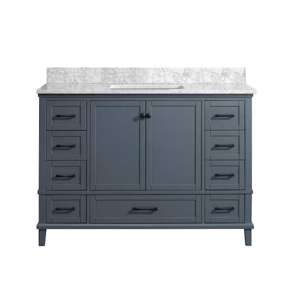 Merryfield 49 in. Dark Blue-Grey Vanity with White Carrara Marble Top and 24 in. Mirror Combo