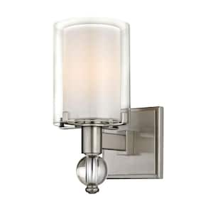 Sofia 1-Light Satin Nickel Sconce with Clear Outer Glass and Opal Inner Glass