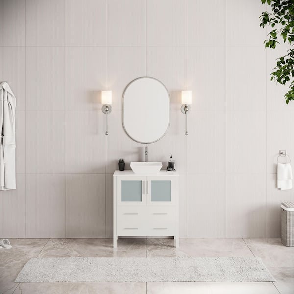Torino 30 in. Bath Vanity in White with Glass Stone Vanity Top in White with White Basin