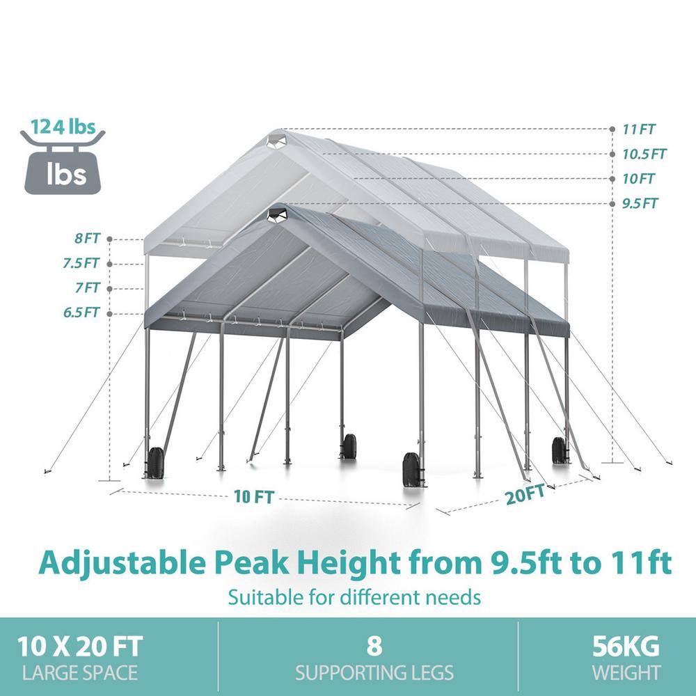 10' x 20' Gray Portable Metal Frame Carport Canopy