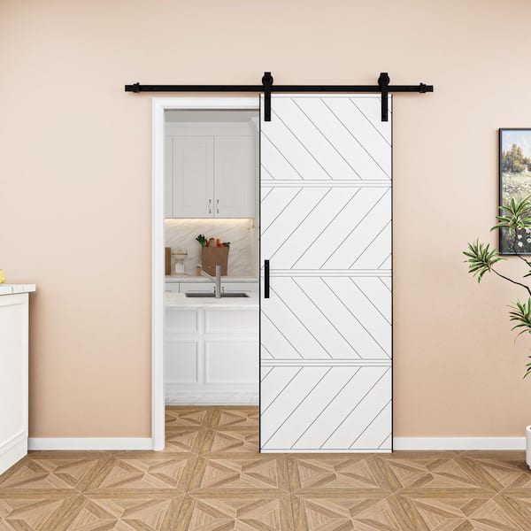 EH PUERTA 30 in. x 84 in. Paneled 4-Segments Wave Design White MDF Prefinished Barn Door Slab with Installation Hardware Kit