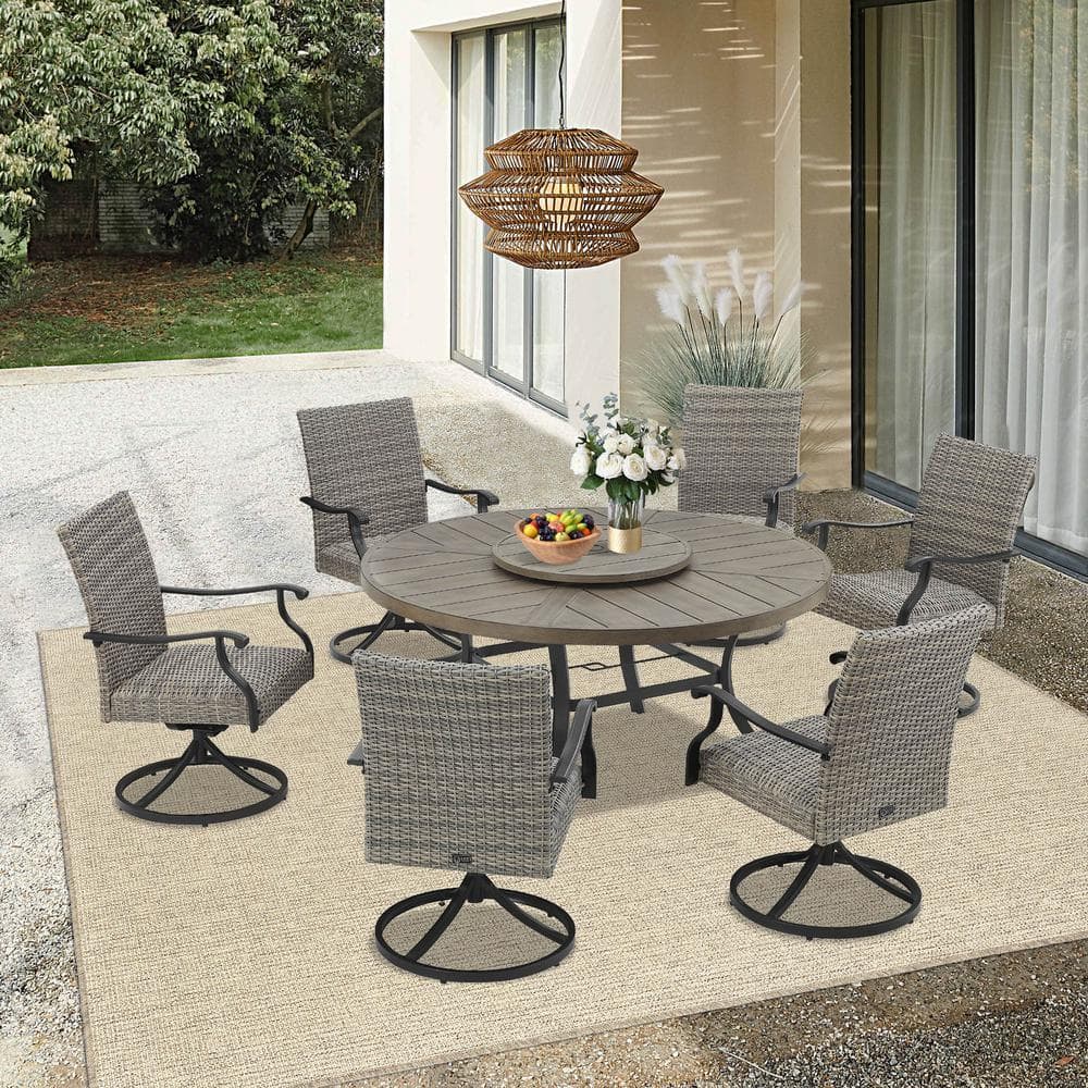 7 Piece Wicker Outdoor Dining Set Round Dining Table with Lazy Susan Swivel Dining Chairs