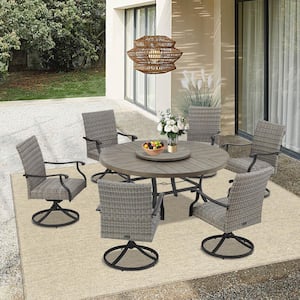 7-Piece Wicker Outdoor Dining Set, Round Dining Table with Lazy Susan, Swivel Dining Chairs