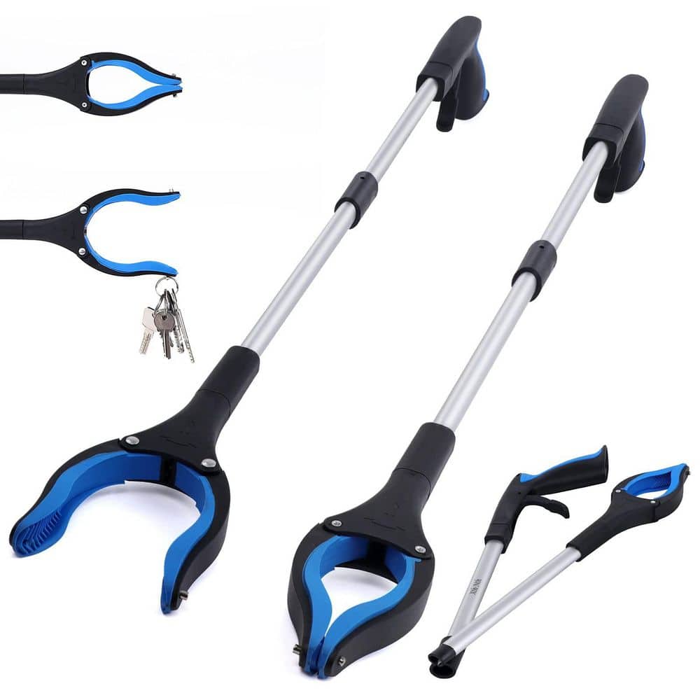 2-Pack 32 in. Extra Long Steel Foldable Leaf Grabber Reacher Tool with Silicone Jaw Opening, Leaf Collecting Tool