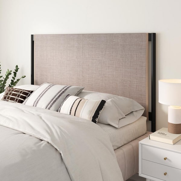 Nathan James Garcia 50 in. Queen Headboard with Rattan Accent, Bohemian Cane Upholstered Panel in Matte Black Metal Frame