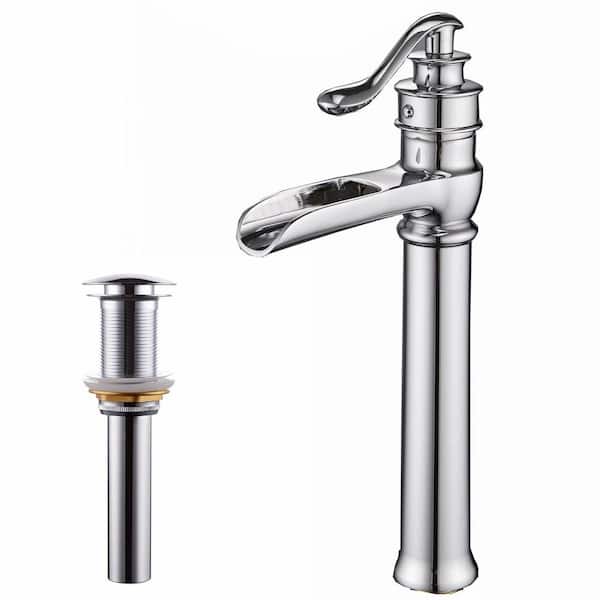 FLG Single Handle Single Hole Waterfall Bathroom Vessel Sink Faucet Brass Taps with Pop-Up Drain Assembly in Polished Chrome