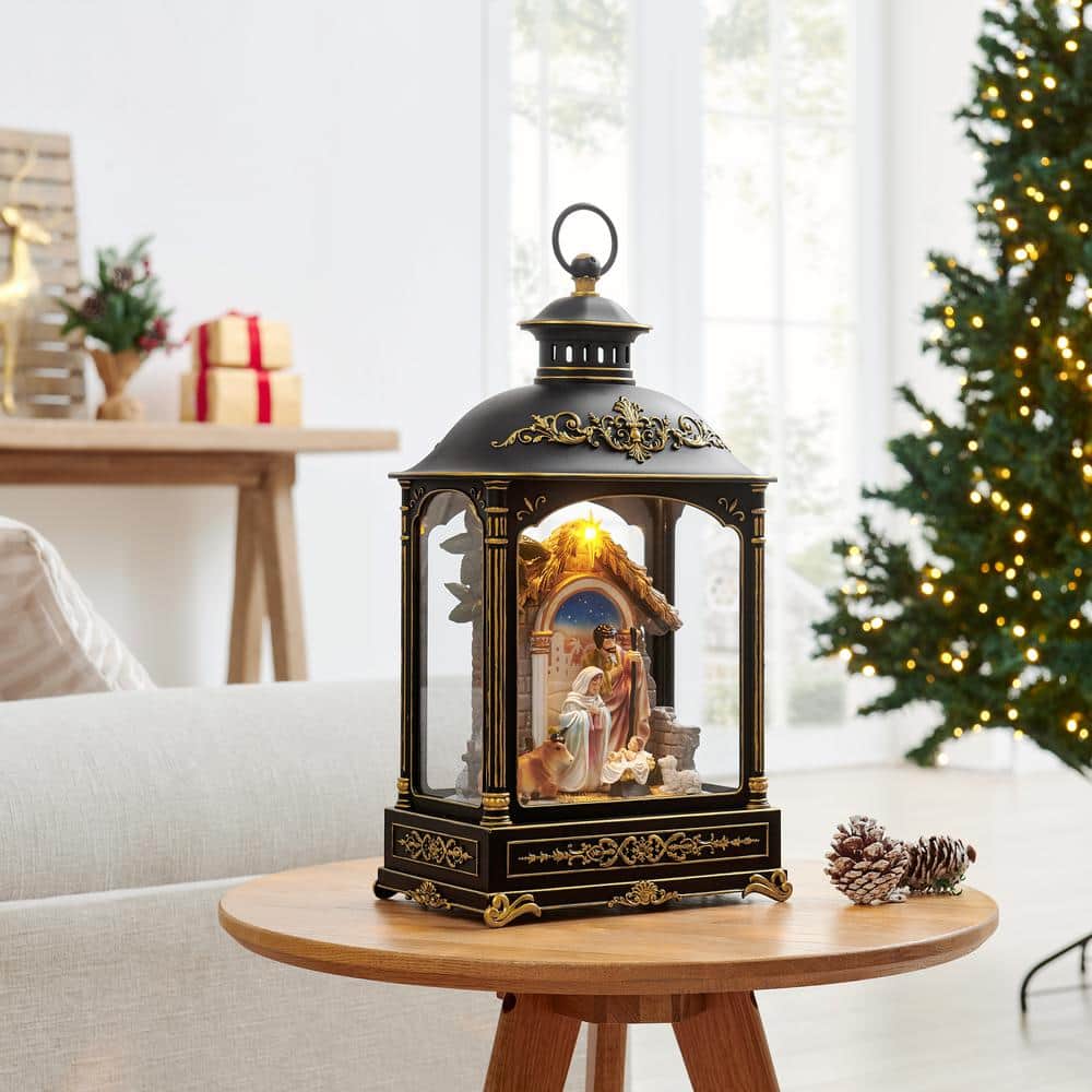 Antique Black and Gold Nativity Diorama Lantern with Light