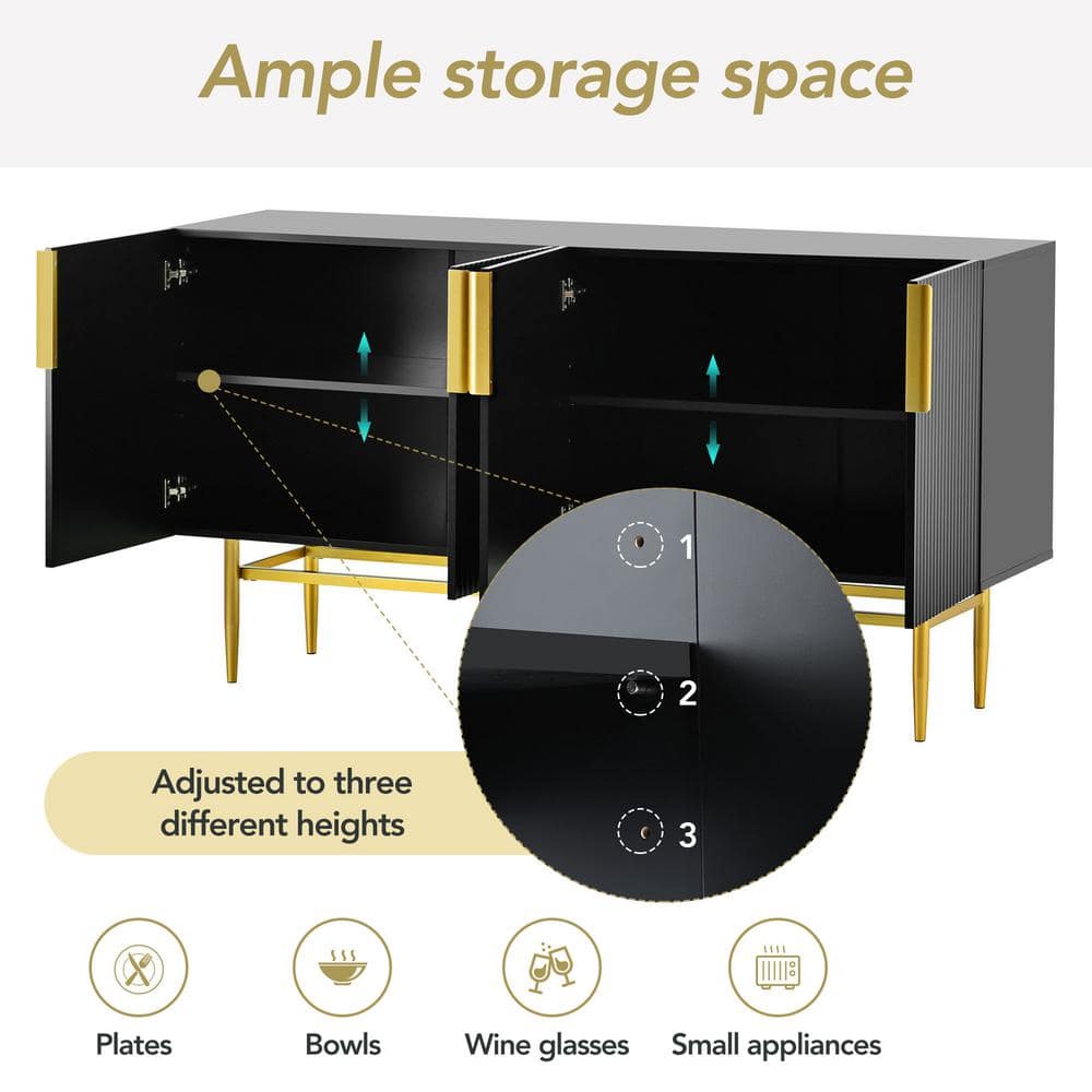 Black Wood 60 in. Modern Sideboard with Gold Handles and Legs