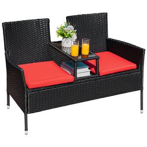 Modern Black 2-Person Rattan Wicker Patio Outdoor Loveseat with Red Cushions