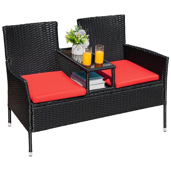 Tozey Modern Black 2-Person Rattan Wicker Patio Outdoor Loveseat with Red Cushions