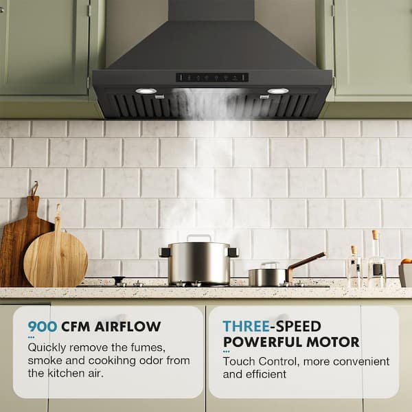 30 in. 900CFM Convertible Wall Mount Range Hood in Black Stainless Steel 3-Speed / Charcoal Filter and Gesture Control