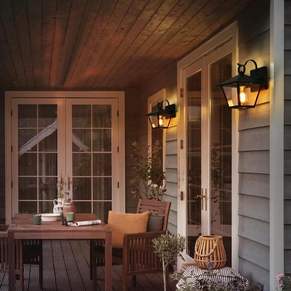 Farmhouse Black Outdoor Wall Light, 10 in. H 1-Light Modern Cage Outdoor Wall Lantern Sconce with Seeded Glass Shade